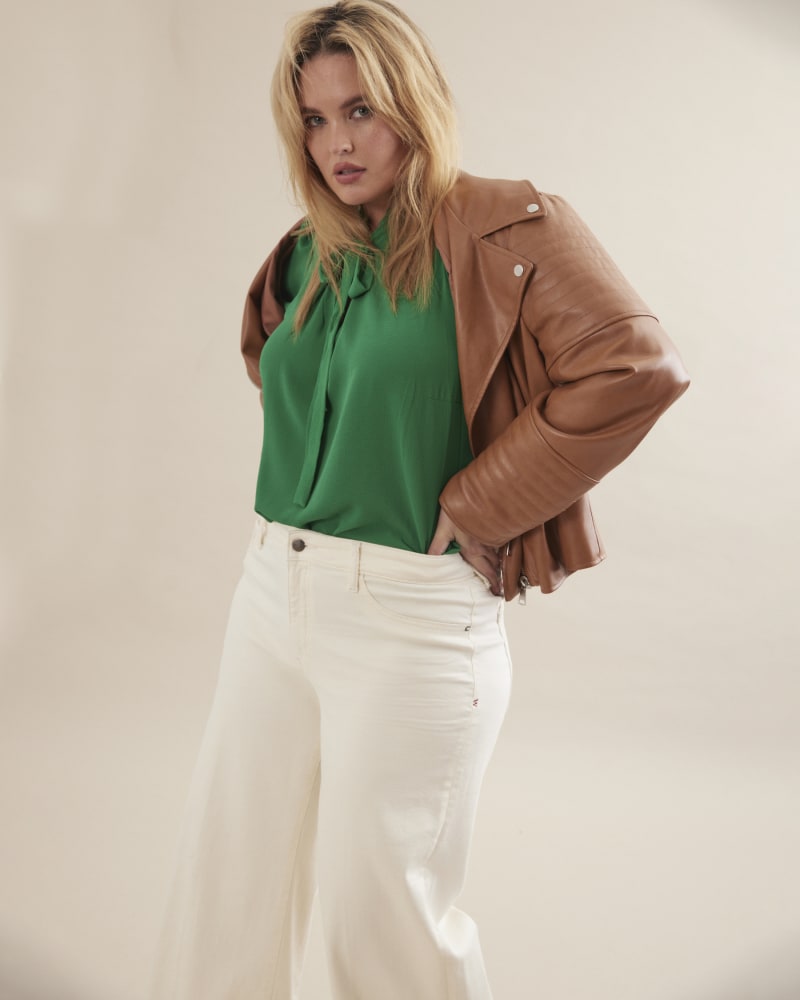 Front of a model wearing a size 1X Alexis Moto Jacket in Brown by Molly & Isadora. | dia_product_style_image_id:252609